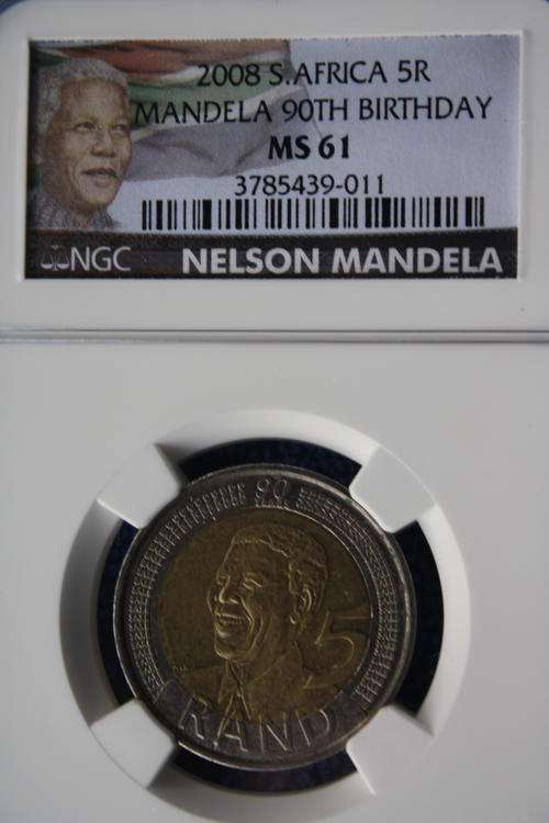 2008 NELSON MANDELA 90TH BIRHDAY R5.NGC GRADED MS 61. VERY SCARCE HIGH VALUE GRADE!!