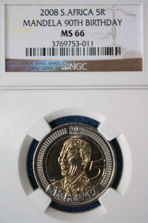 5 AVAILABLE!! 2008 NELSON MANDELA 90TH BIRTHDAY R5 NGC GRADED MS 66.