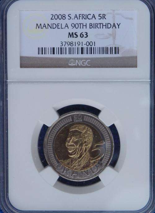 2 AVAILIBLE!! 2008 NELSON MANDELA 90TH BIRTHDAY R5.NGC GRADED MS 63. SCARCE GRADE!!