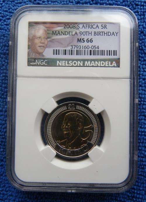 2008 NELSON MANDELA 90TH BIRTHDAY R5 NGC GRADED MS 66.