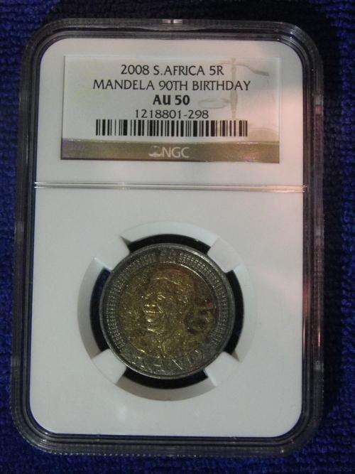 VERY SCARCE!! NELSON MANDELA 90TH BIRTHDAY 2008 R5  NGC GRADED AU50