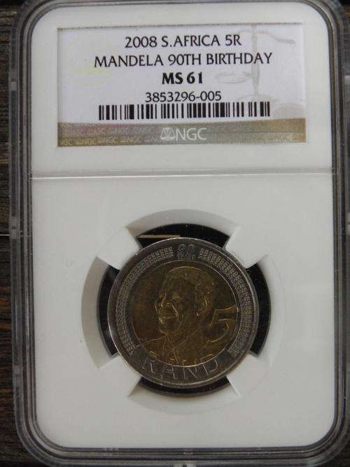 2008 NELSON MANDELA 90TH BIRHDAY R5.NGC GRADED MS 61. VERY SCARCE HIGH VALUE GRADE!!