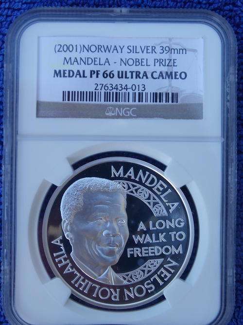 2001 NELSON MANDELA PROOF SILVER MEDAL "NOBEL PRIZE" NGC GADED PF66 UC -VERY SCARCE GRADE-