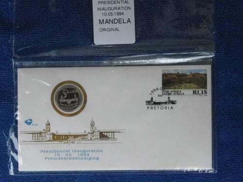 NELSON MANDELA 1994 INAUGURATION FDC 6.3C.WITH ORIGINAL PROOF COIN SEALED IN PLASTIC FOLDER