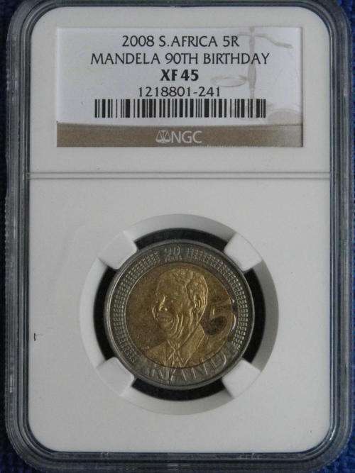 VERY SCARCE!! NELSON MANDELA 90TH BIRTHDAY 2008 R5  NGC GRADED XF45