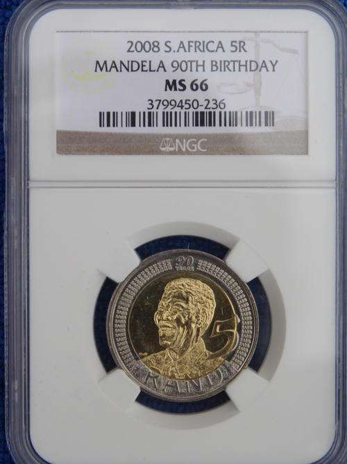 5 AVAILABLE!! 2008 NELSON MANDELA 90TH BIRTHDAY R5 NGC GRADED MS 66.
