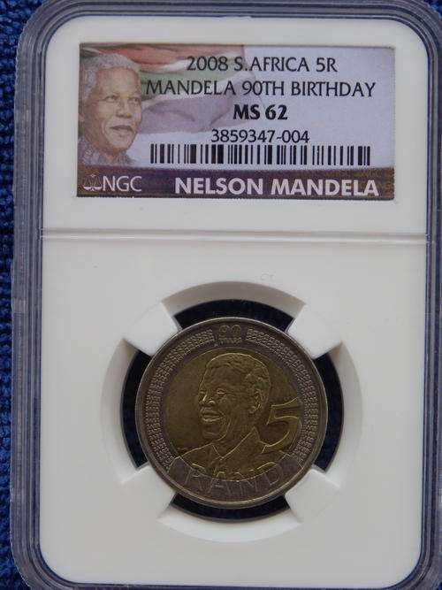 3 AVAILABLE!! 2008 NELSON MANDELA 90TH BIRTHDAY R5.NGC GRADED MS 62. SCARCE GRADE!!