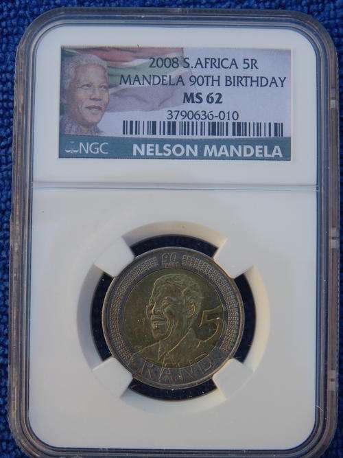 2 AVAILABLE! 2008 NELSON MANDELA 90TH BIRHDAY NGC GRADED MS 62 **LIMITED EDITION COLOUR LABEL**