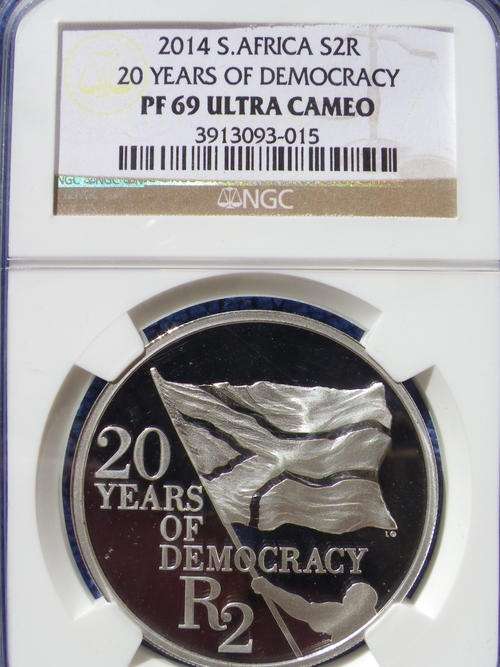 2014 "20 YEARS OF DEMOCRACY" PROOF SILVER R2 CROWN  NGC GRADED PF 69 UC