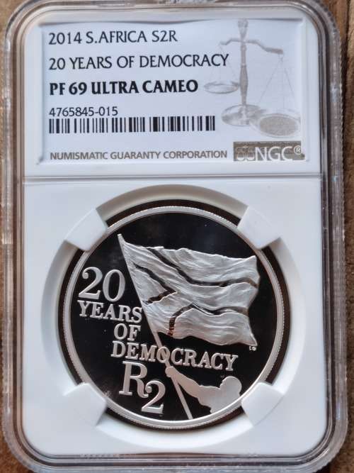 2014 SOUTH AFRICA SILVER R2 - 20 YEARS OF DEMOCRACY- NGC GRADED PF69 ULTRA CAMEO