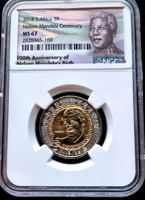 NEW!! 2018 NELSON MANDELA CENTENARY R5. - COLOUR LABEL-  NGC GRADED MS 67.
