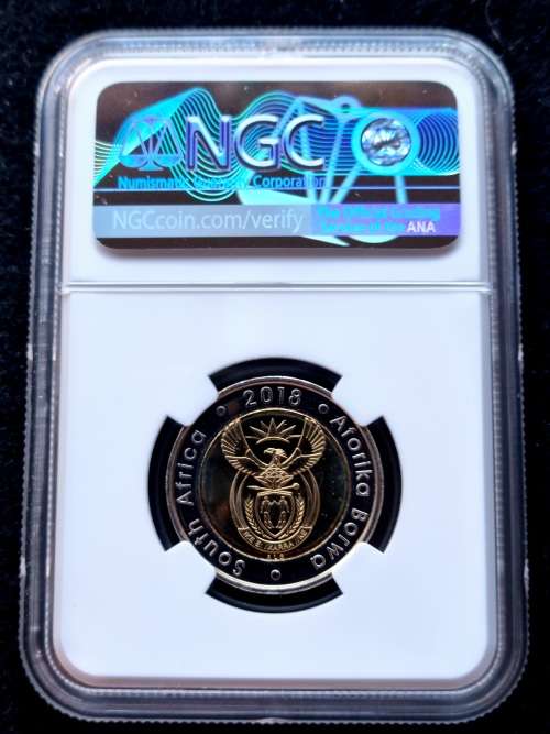 NEW!! 2018 NELSON MANDELA CENTENARY R5. - COLOUR LABEL-  NGC GRADED MS 67.