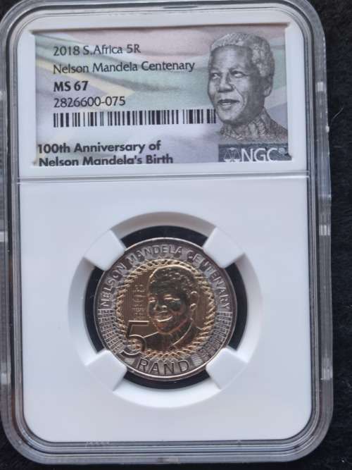 3 AVAILABLE!! 2018 NELSON MANDELA CENTENARY R5. - COLOUR LABEL-  NGC GRADED MS 67. BID IS PER COIN!