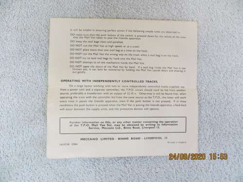 Hornby Dublo T.P.O. Set - Insructions Pamphlet