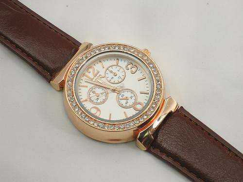 Crystal Watch, Gold Tone Casing and Leatherette Strap