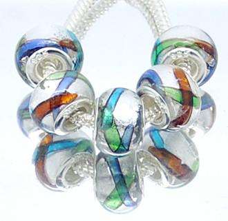 Murano Style Bead, Clear with colourful band- fits most European Style Charm Bracelets and Necklaces