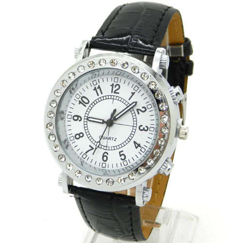 Watch, Black Leatherette Strap - Unisex - with Lovely Crystals