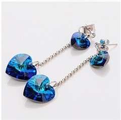 18K GP Swarovski crystal blue heart Chandelier Earrings
