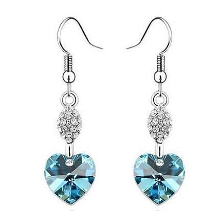 18K GP Swarovski crystal blue heart Chandelier Earrings