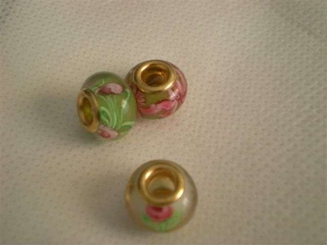 Lampwork bead with Rose Design Gold Core fits most European Charm Bracelets