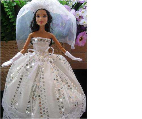 Last One - Barbie Clothes, Handmade, White and Silver Wedding Dress with Veil and Gloves