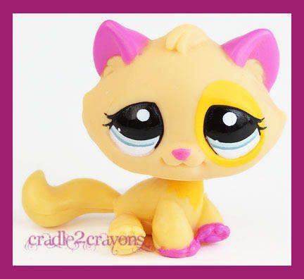 Rare, Littlest Pet Shop, Cat 2406 - PINK & YELLOW TABBY CAT RARE BLUE EYES # 2406