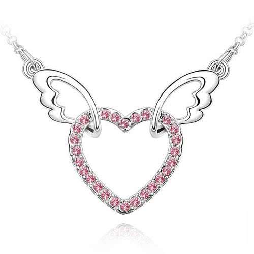 Valentines Special - Rhinestone Necklace: Heart with Wings - Pink