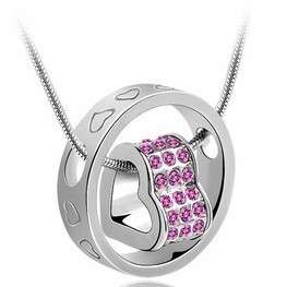 Rhinestone Necklace in Pink - Heart in Circle - 18 K GP, Swarovski Crystal