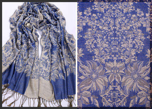 Lovely Pashmina Scarf, Blue with Flowers / Grapes