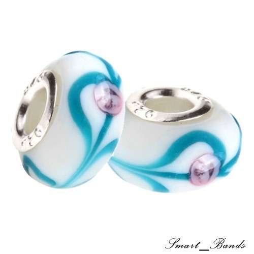 Bead, Murano Style Bead, Silver Core, White and Turquoise