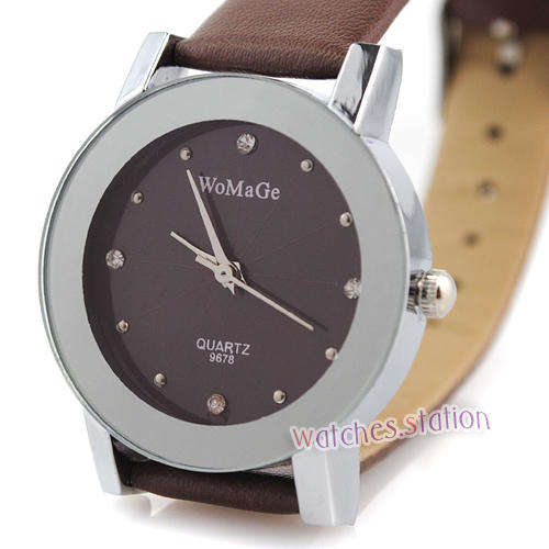 Classic Quartz Watch with Faux Leather Strap in Brown / Coffee and crystals on Watch Dial