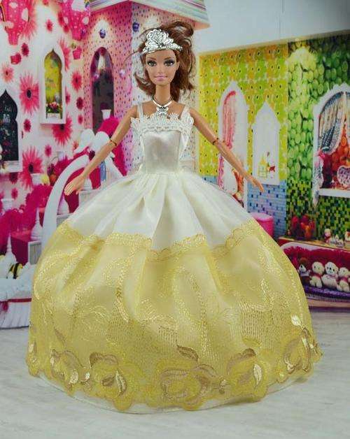 Barbie Fashion House -  Clothes, Handmade, Evening  Dress Gown White Yellow