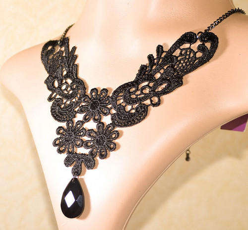 vintage Gothic Lace Pendant Necklace with Black Crystal Centrepiece