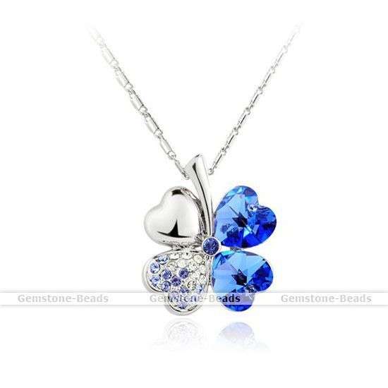 Fashion Lady's Blue Silver Crystal Heart Love 4 Leaf Clover Flower Chain Necklace Pendant