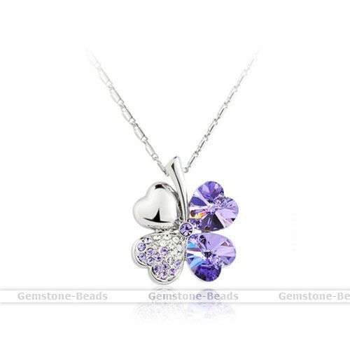 Fashion Lady's Purple Silver Crystal Heart Love 4 Leaf Clover Flower Chain Necklace Pendant