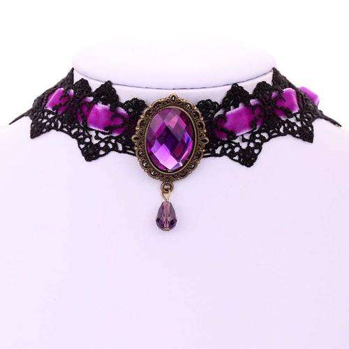 vintage Gothic Lace Pendant Necklace with Purple Crystal Centrepiece and Purple Velvet