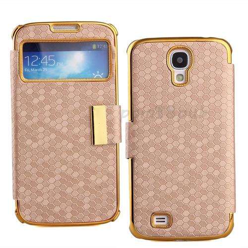 Silver Grey Synthetic Leather Magnetic Case with Gold Trimming Cover for Samsung Galaxy S4