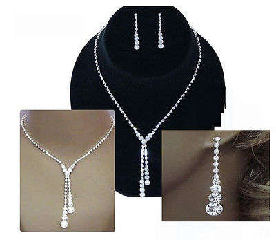 Rhinestone Crystal Necklace Earrings Prom Bridal Wedding SET