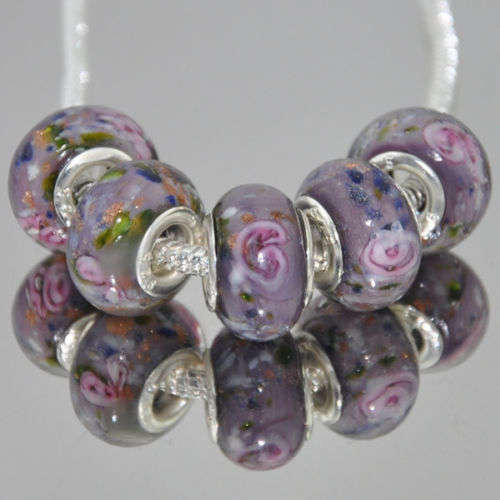 Bead, Murano Style Bead, Brown, Flowers- fits most European Charm Bracelets