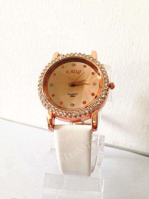 Ladies Elegant Watch with White Leatherette Strap and Crystals around the Watch Face