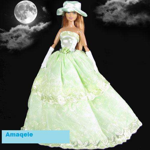 Barbie Fashion House -  Barbie Gown- Clothes, Handmade, Gown with Hat and Gloves Green