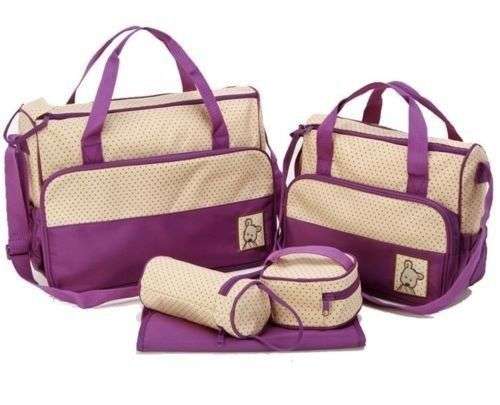 5pcs Nappy Bag Diaper Bag with smaller Accessory Bag, Bottle Holder and Changing Mat