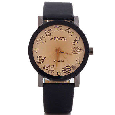 Cute Fashion Ladies Sun Spin Pictogram Woman Leather Boy's Wrist Watch Gift - Black Leatherette