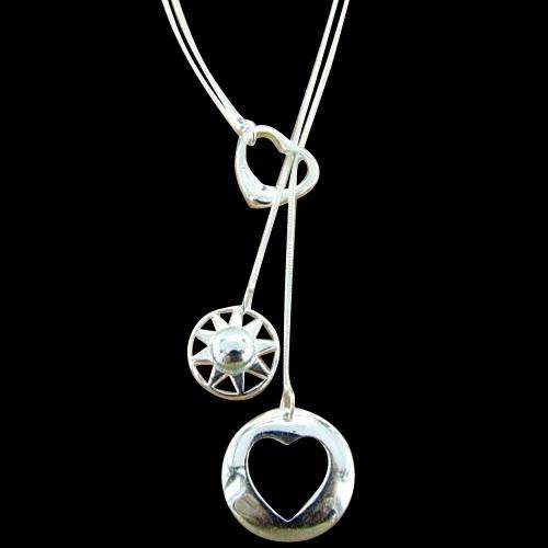 Silver Plated - LARIAT Style Necklace, Silver - Heart and Moon