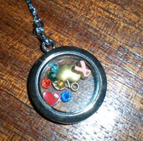 18K GP  Living Memory Floating Charm Round Locket Pendant Necklace Charm Cancer Awareness Ribbon
