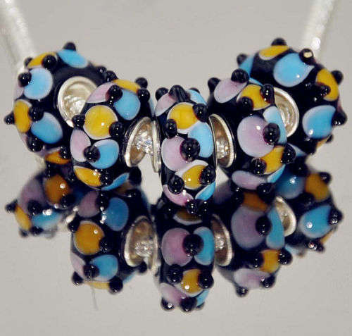 Bead, Murano Style Bead with Silver Core - Blue Pink Yellow