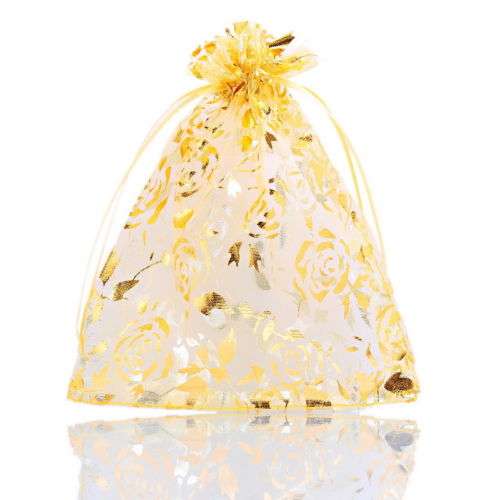 Organza Bag, gold colour, rose design. 16  by 11 cm
