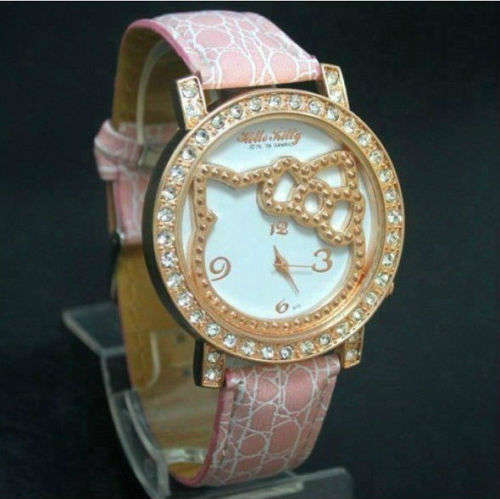 Last One - Hello Kitty Watch Pink Leatherette strap with Rhinestones all around the face