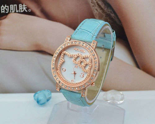 Last One - Hello Kitty Watch Blue Leatherette strap with Rhinestones all around the face