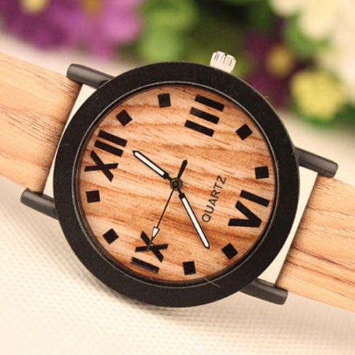 Cute PU Leather Strap Watche Wrist Watch Wood Grain Pattern Retro
